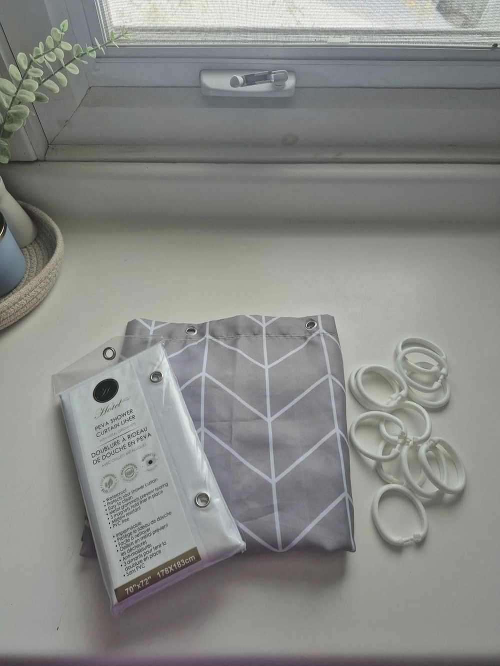 Gray Geometric Shower Curtain with White Rings